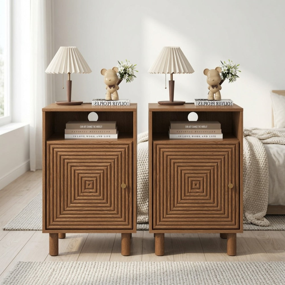 English Elm 15.7 Inch Brown Nightstand with Charging Station Solid Wood Legs and Open Shelf B082P529514