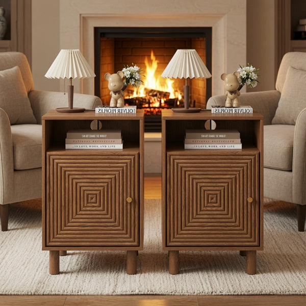 English Elm 15.7 Inch Brown Nightstand with Charging Station Solid Wood Legs and Open Shelf B082P529514