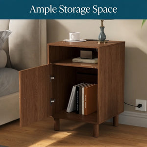 English Elm 15.7 Inch Brown Nightstand with Charging Station Solid Wood Legs and Open Shelf B082P529514