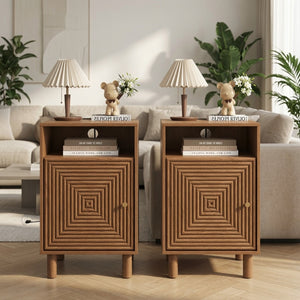 English Elm 15.7 Inch Brown Nightstand with Charging Station Solid Wood Legs and Open Shelf B082P529514