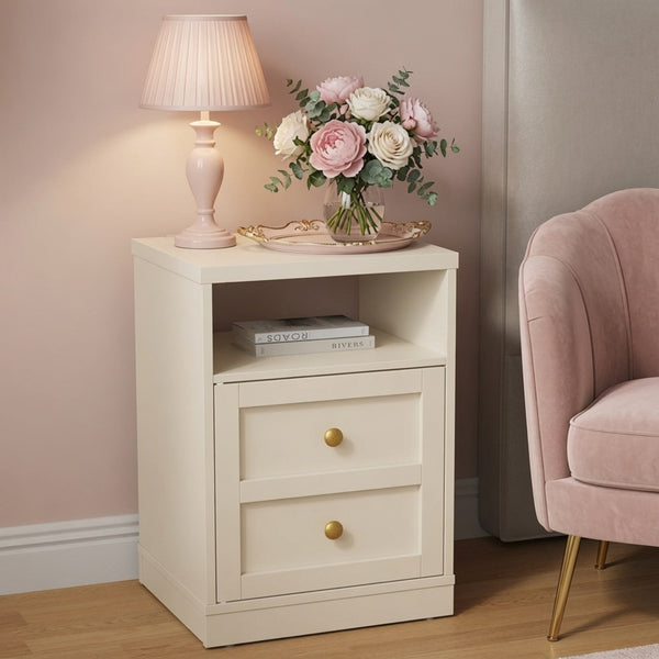 English Elm 15.7 Inch Beige Engineered Wood Nightstand with Cabinet Door and Open Shelf Storage B082P529517