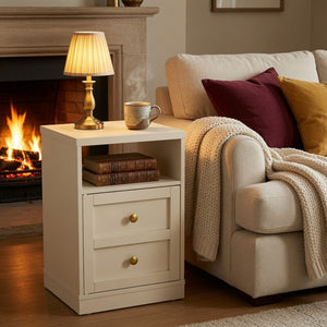 English Elm 15.7 Inch Beige Engineered Wood Nightstand with Cabinet Door and Open Shelf Storage B082P529517