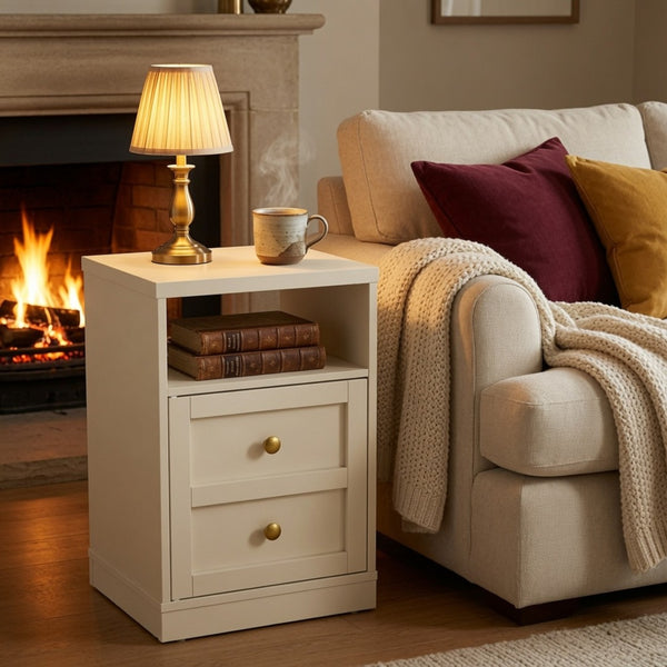 English Elm 15.7 Inch Beige Engineered Wood Nightstand with Cabinet Door and Open Shelf Storage B082P529517