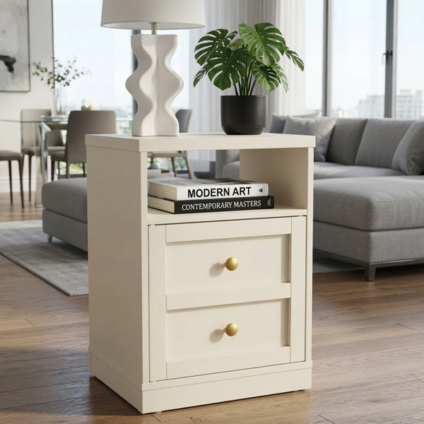 English Elm 15.7 Inch Beige Engineered Wood Nightstand with Cabinet Door and Open Shelf Storage B082P529517