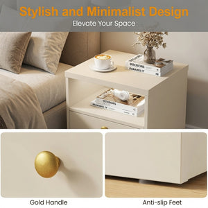 English Elm 15.7 Inch Beige Engineered Wood Nightstand with Cabinet Door and Open Shelf Storage B082P529517
