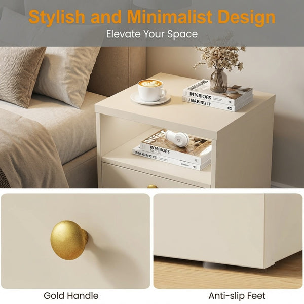 English Elm 15.7 Inch Beige Engineered Wood Nightstand with Cabinet Door and Open Shelf Storage B082P529517