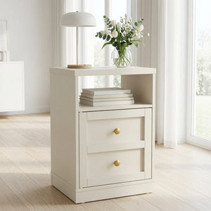 English Elm 15.7 Inch Beige Engineered Wood Nightstand with Cabinet Door and Open Shelf Storage B082P529517