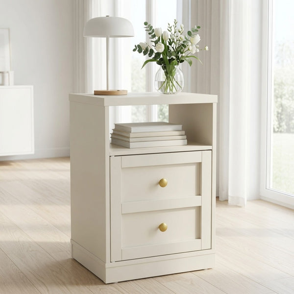 English Elm 15.7 Inch Beige Engineered Wood Nightstand with Cabinet Door and Open Shelf Storage B082P529517