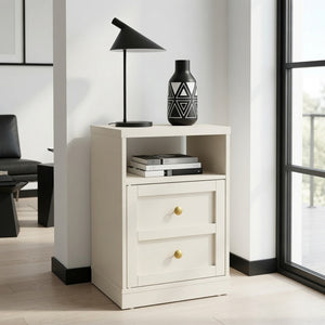 English Elm 15.7 Inch Beige Engineered Wood Nightstand with Cabinet Door and Open Shelf Storage B082P529517