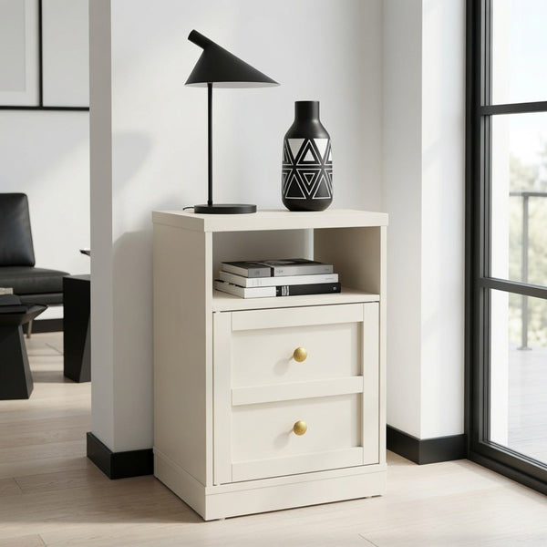 English Elm 15.7 Inch Beige Engineered Wood Nightstand with Cabinet Door and Open Shelf Storage B082P529517