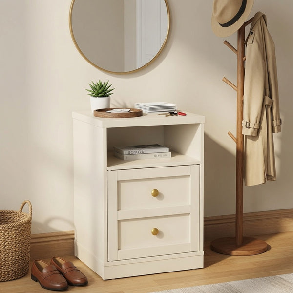 English Elm 15.7 Inch Beige Engineered Wood Nightstand with Cabinet Door and Open Shelf Storage B082P529517