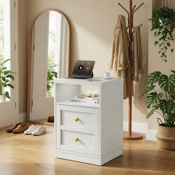English Elm 15.7 Inch White Wood Nightstand with Cabinet Open Shelf and Faux Drawer Front Panel B082P529518