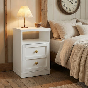 English Elm 15.7 Inch White Wood Nightstand with Cabinet Open Shelf and Faux Drawer Front Panel B082P529518