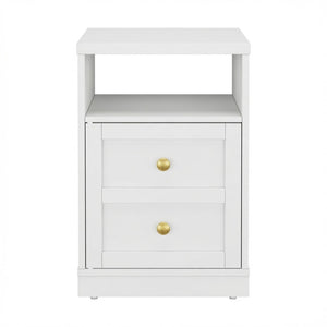 English Elm 15.7 Inch White Wood Nightstand with Cabinet Open Shelf and Faux Drawer Front Panel B082P529518