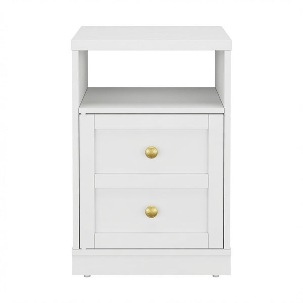 English Elm 15.7 Inch White Wood Nightstand with Cabinet Open Shelf and Faux Drawer Front Panel B082P529518