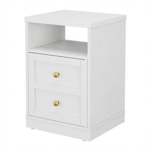 English Elm 15.7 Inch White Wood Nightstand with Cabinet Open Shelf and Faux Drawer Front Panel B082P529518