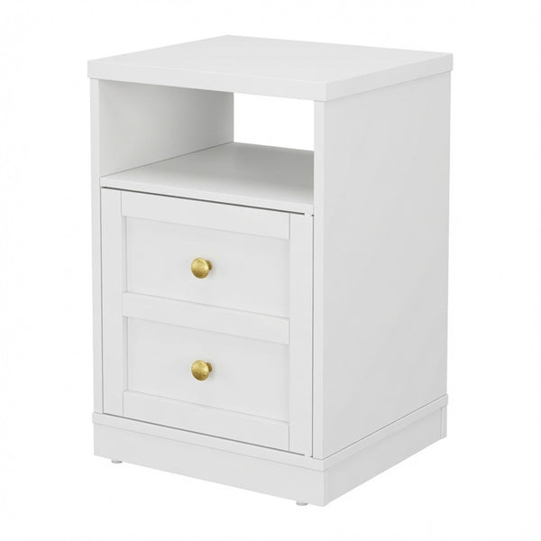 English Elm 15.7 Inch White Wood Nightstand with Cabinet Open Shelf and Faux Drawer Front Panel B082P529518