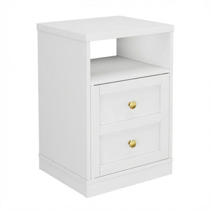 English Elm 15.7 Inch White Wood Nightstand with Cabinet Open Shelf and Faux Drawer Front Panel B082P529518
