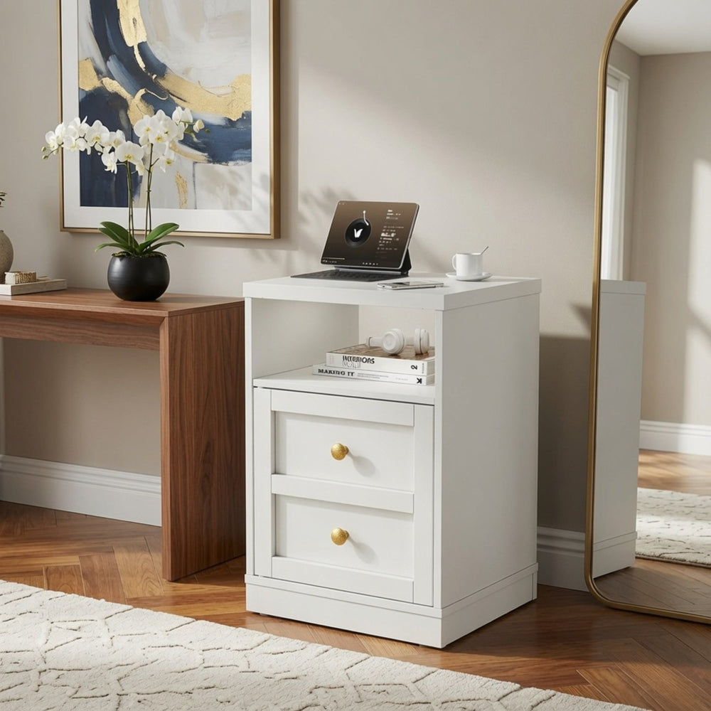 English Elm 15.7 Inch White Wood Nightstand with Cabinet Open Shelf and Faux Drawer Front Panel B082P529518