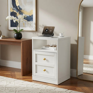 English Elm 15.7 Inch White Wood Nightstand with Cabinet Open Shelf and Faux Drawer Front Panel B082P529518
