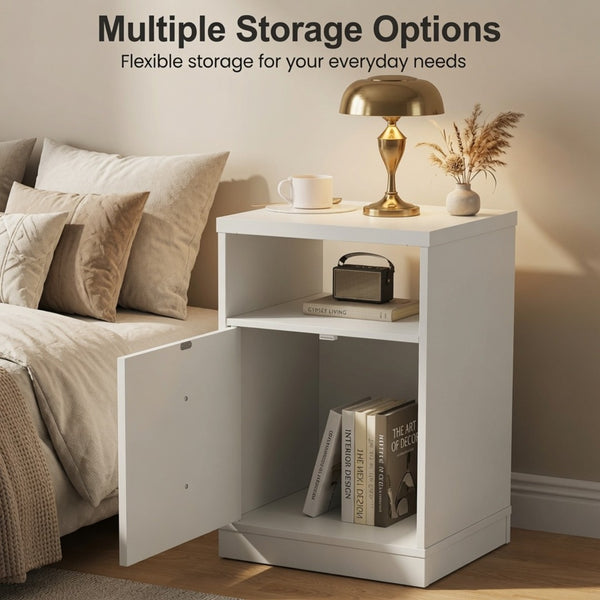 English Elm 15.7 Inch White Wood Nightstand with Cabinet Open Shelf and Faux Drawer Front Panel B082P529518