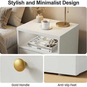 English Elm 15.7 Inch White Wood Nightstand with Cabinet Open Shelf and Faux Drawer Front Panel B082P529518