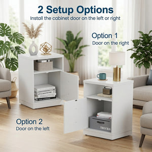 English Elm 15.7 Inch White Wood Nightstand with Cabinet Open Shelf and Faux Drawer Front Panel B082P529518