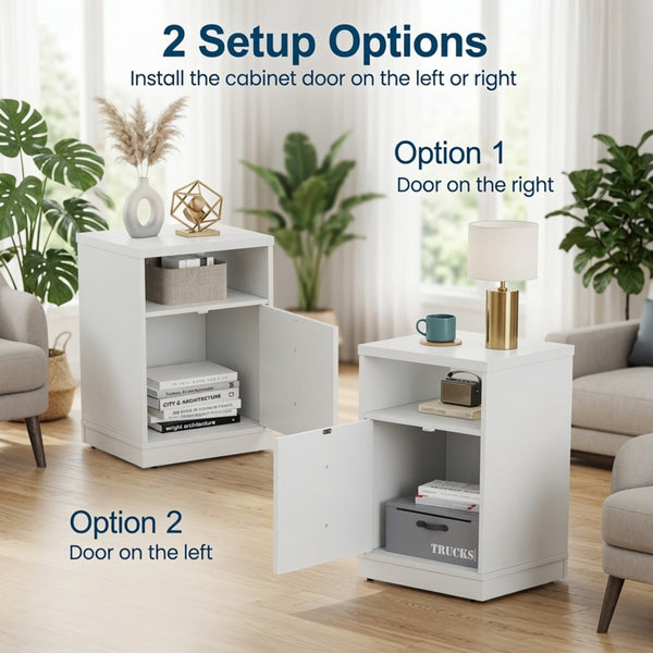 English Elm 15.7 Inch White Wood Nightstand with Cabinet Open Shelf and Faux Drawer Front Panel B082P529518