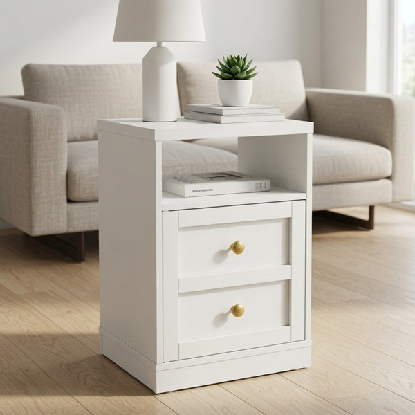 English Elm 15.7 Inch White Wood Nightstand with Cabinet Open Shelf and Faux Drawer Front Panel B082P529518