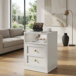 English Elm 15.7 Inch White Wood Nightstand with Cabinet Open Shelf and Faux Drawer Front Panel B082P529518