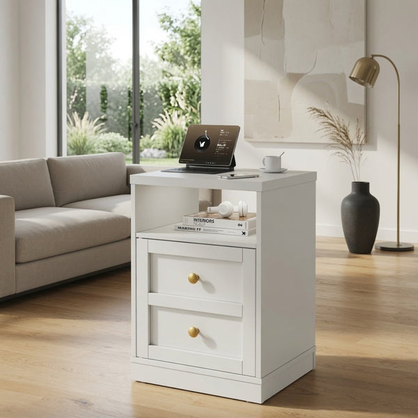 English Elm 15.7 Inch White Wood Nightstand with Cabinet Open Shelf and Faux Drawer Front Panel B082P529518