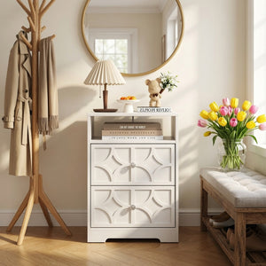 English Elm 18.9 Inch White MDF Nightstand with Diamond Carved Drawers Gold Hardware and Charging Station B082P529520