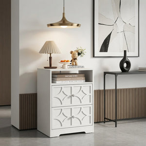 English Elm 18.9 Inch White MDF Nightstand with Diamond Carved Drawers Gold Hardware and Charging Station B082P529520