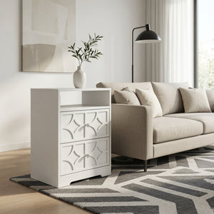 English Elm 18.9 Inch White MDF Nightstand with Diamond Carved Drawers Gold Hardware and Charging Station B082P529520