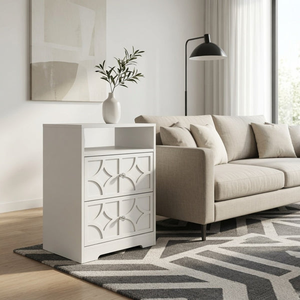 English Elm 18.9 Inch White MDF Nightstand with Diamond Carved Drawers Gold Hardware and Charging Station B082P529520
