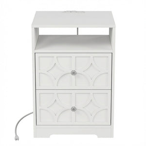 English Elm 18.9 Inch White MDF Nightstand with Diamond Carved Drawers Gold Hardware and Charging Station B082P529520