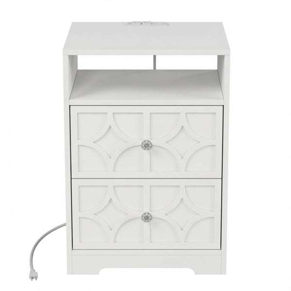 English Elm 18.9 Inch White MDF Nightstand with Diamond Carved Drawers Gold Hardware and Charging Station B082P529520
