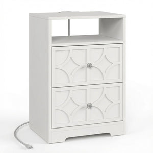 English Elm 18.9 Inch White MDF Nightstand with Diamond Carved Drawers Gold Hardware and Charging Station B082P529520