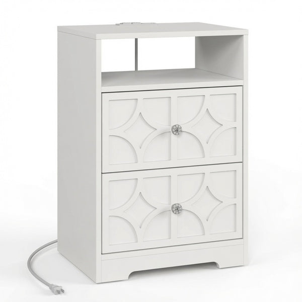 English Elm 18.9 Inch White MDF Nightstand with Diamond Carved Drawers Gold Hardware and Charging Station B082P529520