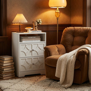 English Elm 18.9 Inch White MDF Nightstand with Diamond Carved Drawers Gold Hardware and Charging Station B082P529520