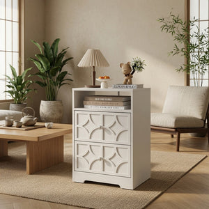 English Elm 18.9 Inch White MDF Nightstand with Diamond Carved Drawers Gold Hardware and Charging Station B082P529520