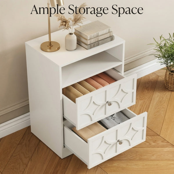 English Elm 18.9 Inch White MDF Nightstand with Diamond Carved Drawers Gold Hardware and Charging Station B082P529520