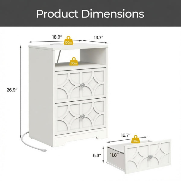 English Elm 18.9 Inch White MDF Nightstand with Diamond Carved Drawers Gold Hardware and Charging Station B082P529520