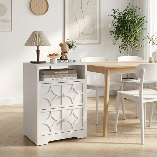 English Elm 18.9 Inch White MDF Nightstand with Diamond Carved Drawers Gold Hardware and Charging Station B082P529520