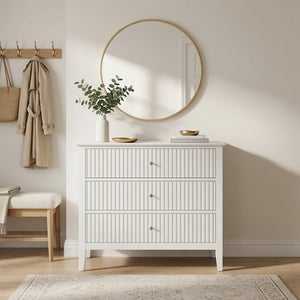 English Elm 32" Wide Fluted Blush Nightstand with Three Soft-close Drawers and Gold Knob Hardware White B082P529523