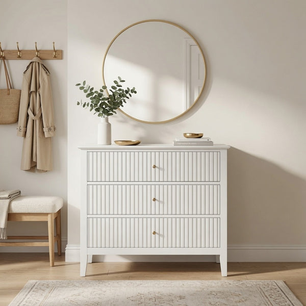English Elm 32" Wide Fluted Blush Nightstand with Three Soft-close Drawers and Gold Knob Hardware White B082P529523