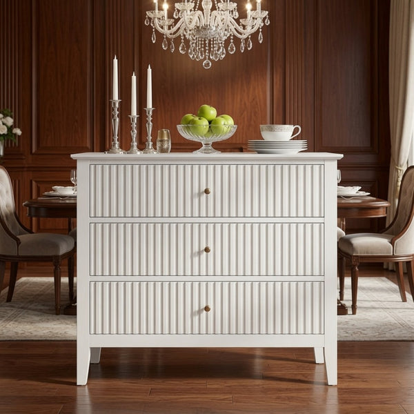 English Elm 32" Wide Fluted Blush Nightstand with Three Soft-close Drawers and Gold Knob Hardware White B082P529523