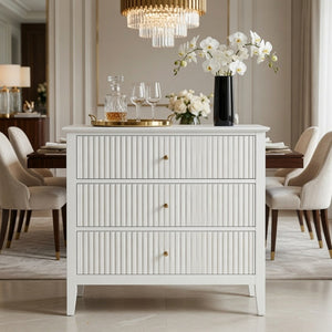 English Elm 32" Wide Fluted Blush Nightstand with Three Soft-close Drawers and Gold Knob Hardware White B082P529523