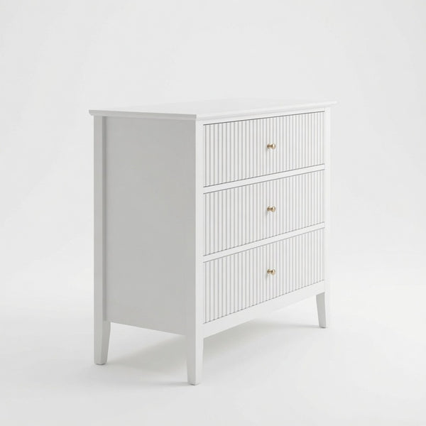 English Elm 32" Wide Fluted Blush Nightstand with Three Soft-close Drawers and Gold Knob Hardware White B082P529523