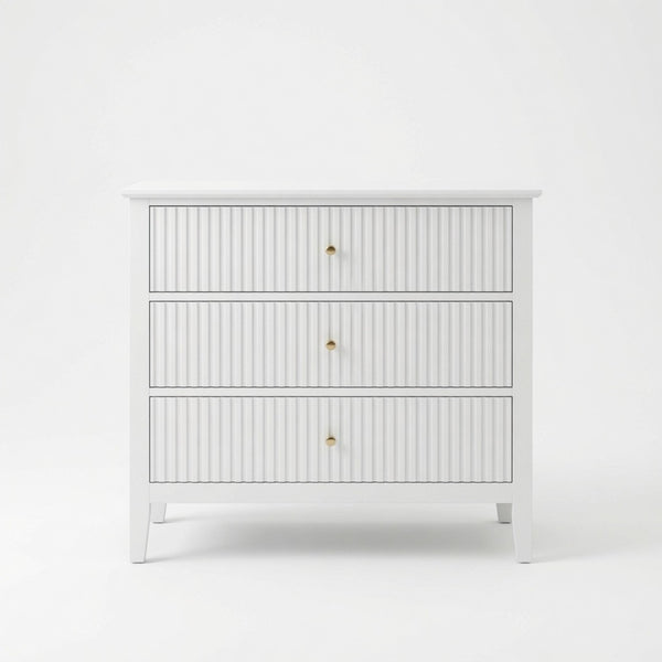 English Elm 32" Wide Fluted Blush Nightstand with Three Soft-close Drawers and Gold Knob Hardware White B082P529523